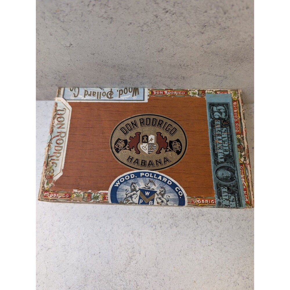 Antique Don Rodrigo Wooden Cigar Box Wood Pollard Boston Label Art